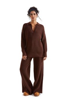 Waffle Knit Sweater Lounge Set-Clothing-SUUKSESS-Brown-XS-SUUKSESS Cable Knit Pants, Sweater Lounge Set, Sweater Lounge, Solid Color Sweater, Fall Wedding Guest Dress, Waffle Knit Sweater, Swimwear Dress, Work Wear Women, Loungewear Sets