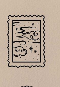 a postage stamp with the image of clouds and stars on it, in black ink