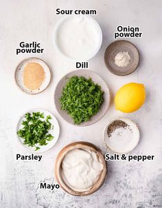 the ingredients for this recipe include sour cream, garlic, dill, parsley, salt and pepper