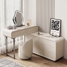 a white desk with a mirror, chair and stool in front of a curtained window