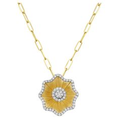 This beautiful pendant is hand-carved with intricate floral details and features a sparkling halo of pave-set diamonds. Made from 14k yellow gold, this pendant is the perfect accessory to add elegance and sophistication to any outfit. 14KT:4.728g, Diamond:0.49ct Engrave Necklace, Flower Diamond Necklace, Gold Engraved Necklace, Premium Jewelry, Artisan Gift, Gold Engraving, Zodiac Jewelry, Gold Flower, Engraved Necklace