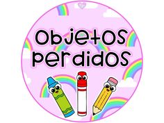 a sticker with the words objetos perididos and two crayons