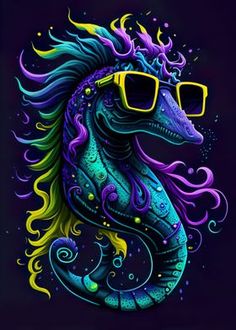 a colorful sea horse with sunglasses on it's head and long mane, sitting in front of a dark background