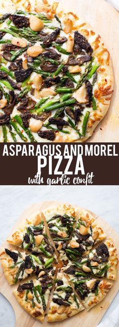 the pizza has asparagus and morel on it