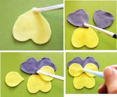 four pictures showing how to make paper flowers with crepe and paintbrushes