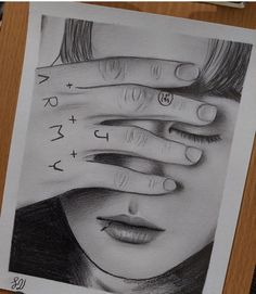 a drawing of two hands covering the face of a woman's head with her fingers