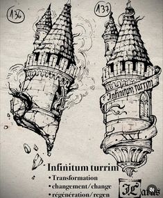 an ink drawing of two towers with numbers on them and the words, infinitium