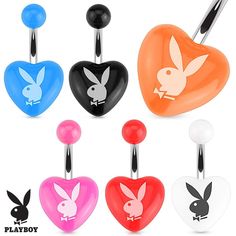 four different colored heart shaped belly rings with bunny ears on each one and a rabbit in the middle