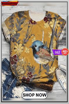 Bestdealfriday Plus Size Cotton Blend Vintage Crew Neck Shirts Tops 8755425 Clothes Summer Aesthetic, Kawaii Tops, Woman Tshirt, Harajuku Shirt, Birds Print, Mode Tips, Harajuku Women, Christmas Dress Women, Female Clothes