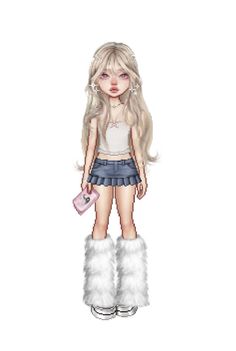 a drawing of a girl with long blonde hair and furry boots, holding a pink purse