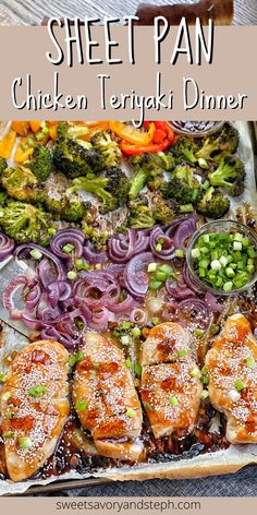 sheet pan chicken teriyan dinner with broccoli and onions