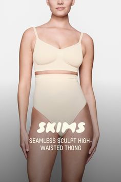 Wear this perfectly stretchy, shapewear high-waisted thong for a flat tummy and cinched waist without bulk or panty lines. Features a high waist fit that hits right below the bust, an interior silicone underband to prevent roll-down, a cotton gusset, and a wide crotch for added coverage. Fits true to size. | SKIMS High-Waisted Thong | Light Neutral | 2XS | Seamless Sculpt Shapewear Bodysuit, Flat Tummy, Cinched Waist, Shapewear, High Waist, Lounge Wear, High Waisted, How To Wear