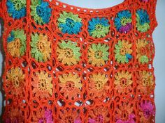 Crochet granny square orange tangerine multicolour flowers gipsy hippie boho beach festival summer t Multicolor Crochet Top For Spring Beach Cover-up, Handmade Crochet Top For Spring Beach Cover-up, Handmade Crochet Top For Beach Cover-up In Spring, Colorful Hippie Tops For Spring, Colorful Crochet Top For Summer, Colorful Casual Crochet Top For Summer, Spring Crochet Orange Tops, Colorful Summer Crochet Top, Colorful Crochet Top For Spring