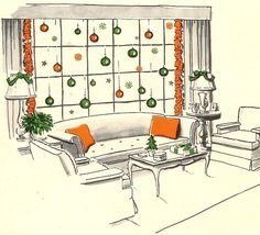 a drawing of a living room decorated for christmas