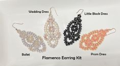 Flamenco Earrings are feminine, extremely trendy and resemble cut out lace. They are made using a variation of right angle weave which is then embellished. . Highly desirable colors and very limited final supply. Make these earring using pearls, crystals and seed beads. The finished length from top of the ear wire to bottom of the earring is 3.25 inches and they are 1.25 inches wide when made with the 4mm beads. A smaller size can be made with 3mm beads. Instructions are step by step. The 3mm Ea Beads Magic, Wrapping Jewelry, Earring Kit, Right Angle Weave, Bead Projects, Ballet Dress, Right Angle, Swarovski Pearls, Bead Jewellery