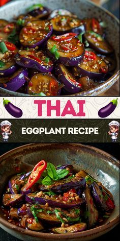 thai eggplant recipe in a bowl with the title, thai eggplant recipe