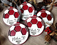 "Commemorate your player's soccer season with a personalized ornament. The background color can be customized to your team colors. Laser-cut wood in two layers, it is personalized with your player's name, number and organization and year to add a personal touch to your ornament. Measuring as a 3.5\" circle, a black and white ribbon is used to hang it. Teams - 15% order of 10+ ornaments, use code ORN15OFF at check out PLEASE COMMENT IN THE NOTES WITH THE NAME, UNIFORM NUMBER. and year" Soccer Team Christmas Gifts, Soccer Team Gifts, Baseball Ornaments, Soccer Hair, Award Ideas, Soccer Season, Black And White Ribbon, Laser Engraved Ideas, Soccer Gifts