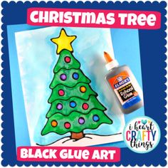 a christmas tree is shown in front of a blue background with the words, black glue art