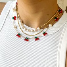 Cherry Necklace,  Beaded Cherry Chain, Cherry Jewelry Item Details: ⭐ This necklace is about 42cm long. You can let us know your desired length and we will make it accordingly. ⭐ This necklace is made with beautiful shiny red and green glass beads beaded into red cherries connecting the gold chain with freshwater pearls.  ⭐ It is also made with 18k gold plated gold chain. ⭐ Freshwater pearls are also a natural product, and the shape and colour vary slightly. ⭐ Product colour may slightly vary du Beaded Cherry, Cherry Jewelry, Cherry Necklace, Fruit Necklace, Red Beaded Necklaces, Necklace Outfit, Necklace Red, Red Cherry, Necklace Pearl