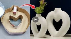 two different vases one with a heart and the other with a flower in it