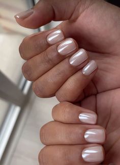 Semi Opaque Nails, White Pearl Nails Square, Short Acrylic White Nails, White Nails With Glitter Accent, Milky Lavender Nails, Mermaid Hands, Milky White Chrome Nails, Short Silver Nails, Basic Nail Ideas