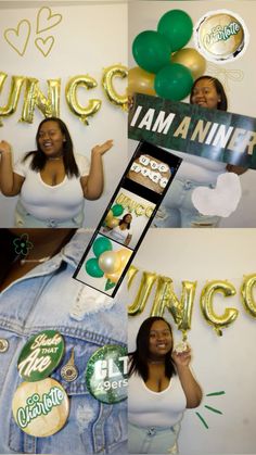 a woman standing in front of a sign and balloons