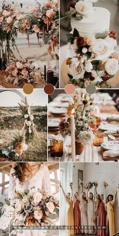 a collage of photos with flowers and greenery on the top, an image of a