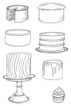 different types of cakes and desserts on a white background, hand drawn illustration stock photo