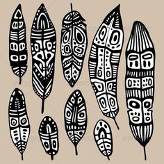 six different types of feathers with designs on the front and back side, all in black and white