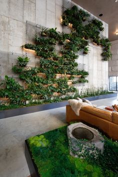 a living room with plants growing on the wall and green grass in the flooring