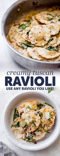 a pan filled with ravioli next to a bowl full of spinach and cheese