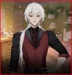 an anime character with white hair wearing a red vest and black tie, standing in front of a kitchen