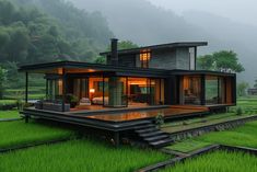 a house in the middle of a lush green field