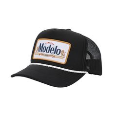 Embark on a style journey with this black Modelo trucker hat, a fusion of fashion and beer culture. This custom-designed hat, featuring the iconic Modelo logo, is the perfect accessory for those who appreciate great taste. Crafted with high-quality polyester and adjustable snapback closure, this officially licensed hat ensures a comfortable fit for your beer-themed adventures. Hand wash in cold water and lay flat to dry to keep the Modelo spirit fresh. Elevate your style with this unique blend o Casual Black Trucker Hat For Fan Merchandise, Black Hat With Custom Logo For Baseball Season, Retro Black Trucker Hat One Size Fits Most, Black Hats With Custom Logo And Curved Brim, Black Baseball Cap With Custom Logo For Baseball Season, Black Hat With Custom Logo For Streetwear, Black Trucker Hat With Curved Bill For Baseball Season, Black Hat With Custom Logo And Curved Bill, Black Curved Bill Hat With Custom Logo