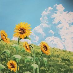 a painting of sunflowers in a field with blue sky and clouds behind them