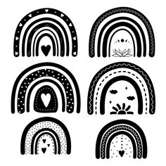 four black and white illustrations of rainbows with hearts, stars, and other shapes