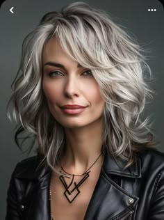 Dark Highlights On Gray Hair, Highlights For Silver Hair, Hair Color For Blondes Going Gray, Shag Gray Hairstyles, Gray Hair Color Ideas Over 50, Hair Color Ideas For White Hair, Best Hair Color For Graying Hair Over 50, Highlights With Grey Hair, Very Layered Hair Medium Over 50 2024