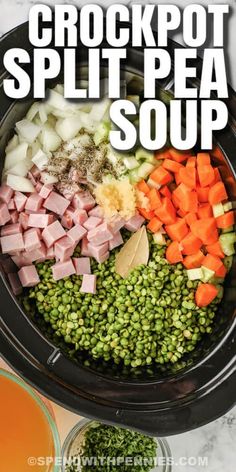 crockpot split pea soup in a slow cooker with the title above it