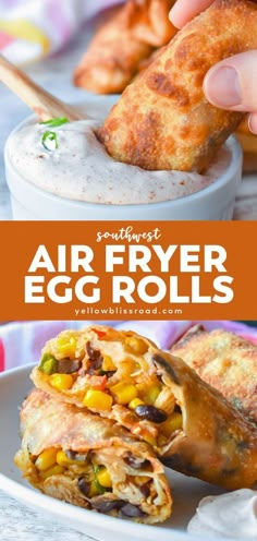 an air fryer egg rolls with corn and cheese on top, in a white bowl