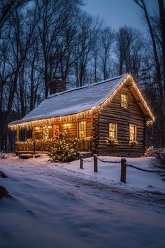 a log cabin is lit up with christmas lights