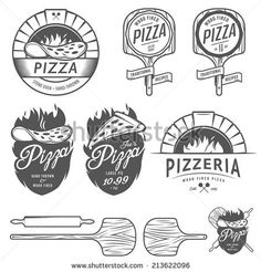 pizza badges and emblems with different types of pizza in black and white colors on a white background