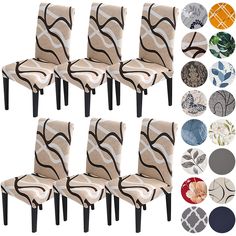 six dining chairs with different patterns and designs on the back, all in various colors