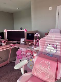 an office with hello kitty themed desks and chairs