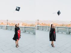 two women in graduation gowns are throwing their caps into the air while standing on a bridge