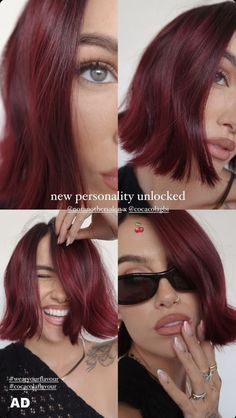 Hair Colors After Red, Cherry Cola Bob Short Hair, Short Ruby Red Hair, Bright Red Bob Hair, Cherry Red Bob Hair, Red Hair Red Lipstick, Black Hair Red Ombre, Red Cherry Hair Color, Cherry Short Hair