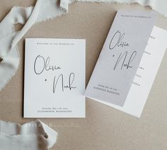 the wedding stationery is laid out on top of torn up pieces of white paper