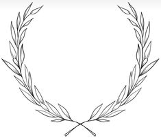 a black and white drawing of a wreath with two crossed stems on the side, in front of a plain background