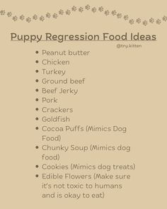 a poster with the words puppy regression food ideas written in different font styles