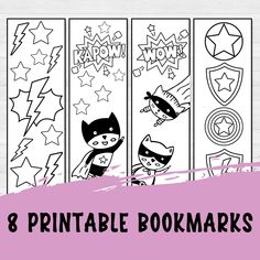 the 8 printable bookmarks for kids to color and draw are shown in black and white