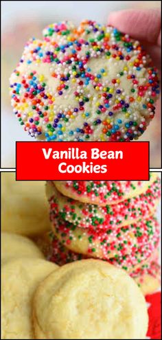 vanilla bean cookies with sprinkles are stacked on top of each other and the words vanilla bean cookies above them